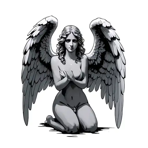 Kneeling Angel with spread wings looking tattoo design idea