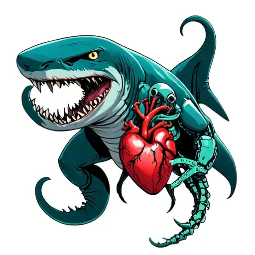 a new school style tattoo of  cthulhu fighting a giant cyborg shark, with a mechanical heart floating between them tattoo design idea
