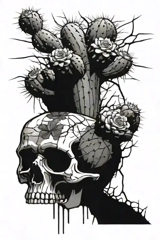 calavera, cactus exploding from cracked skull growing upwards. main focus on cactus  tattoo design idea