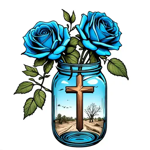 blue roses in blue mason jar; cross; desert scenery tattoo design idea