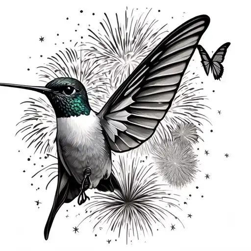 hummingbird with swallowtail butterfly wings surrounded by fireworks tattoo design idea