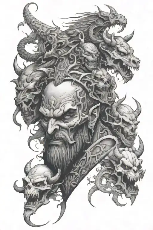 heavy metak themed tattoo with demons and gargoyls in black and white or greyscale tattoo design idea