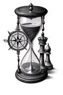 hour glass with compass and king and queen chess pieces arranged with a bishop and a castle tattoo design idea