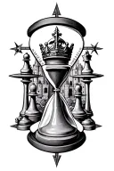 hour glass with compass and king and queen chess pieces arranged with a bishop and a castle tattoo design idea