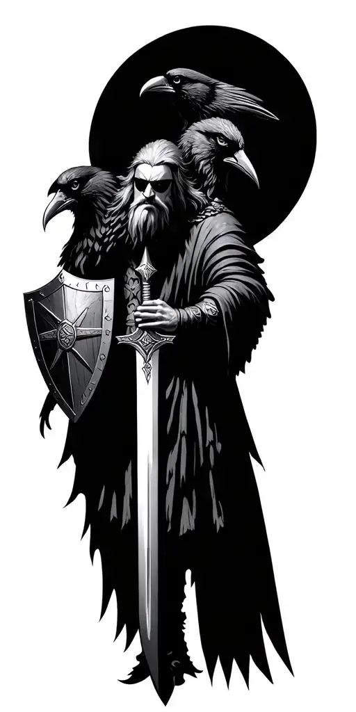 viking god odin with eye patch with 2 ravens Huginn and Muninn holding his sword and shield. viking ship.  tattoo design idea