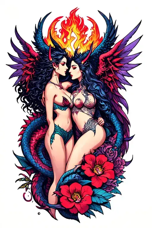 sexy demon and angel with dragon intertwined mostly blacks purples reds neon with flowers full coverage  tattoo design idea