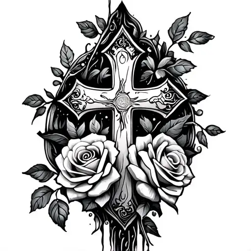 fine line tattoo delicate cross a vine growing up it and roses with water somehow incorporated  tattoo design idea