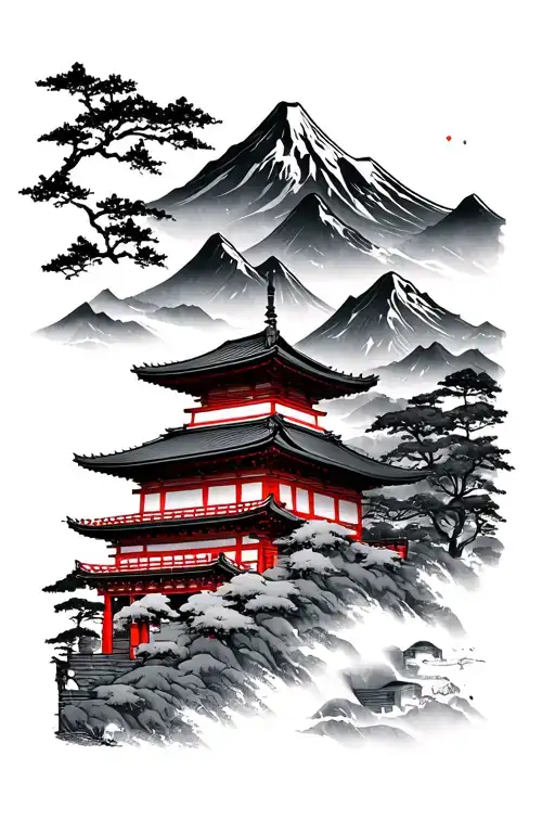 Japanese temple and mountain scene high detail tattoo design idea