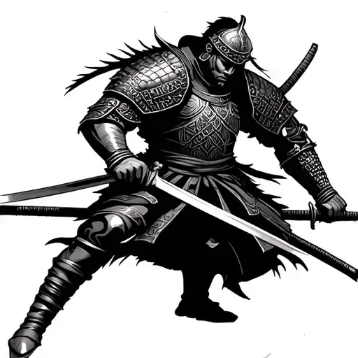 Samurai in armor wielding his swords tattoo design idea