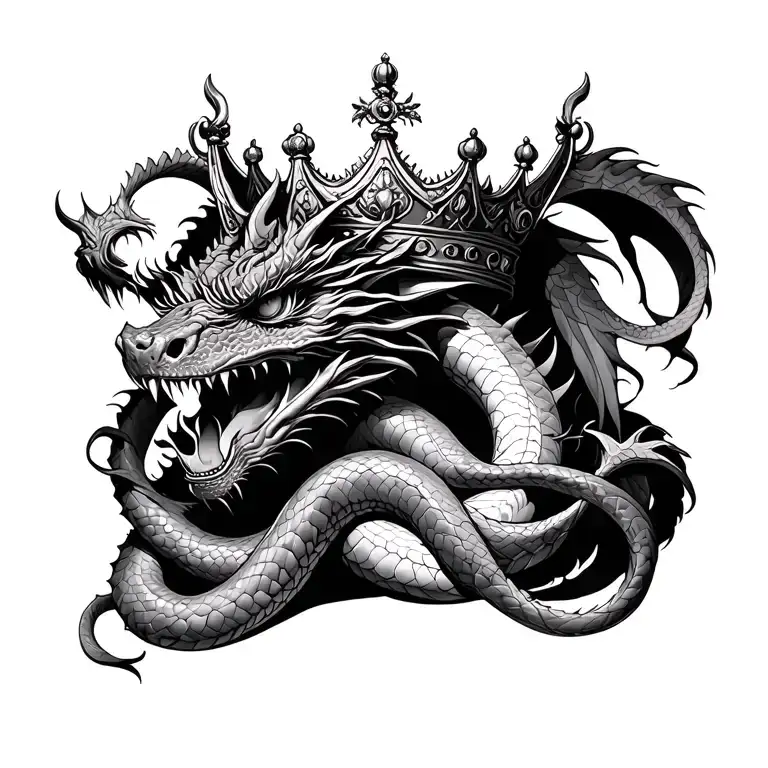 Dragon eating snake around a crown tattoo design idea