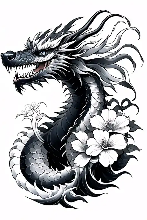 haku dragon from spirited away, Japanese sea waves, blossom flowers tattoo design idea