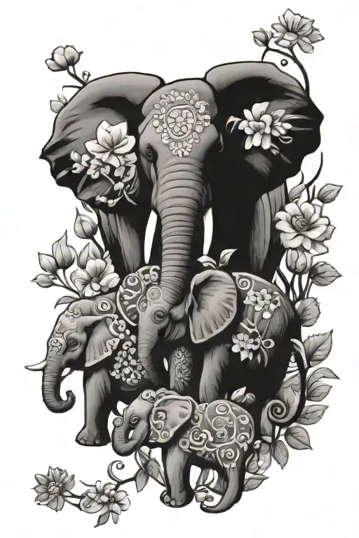 may flower September flower october flower and 3 elephants tattoo design idea