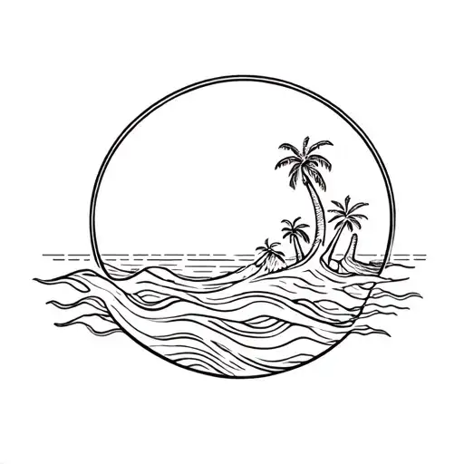 circle with waves crashing, two or three palm trees coming out of water  tattoo design idea