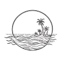 circle with waves crashing, two or three palm trees coming out of water  tattoo design idea
