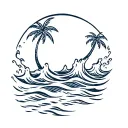 circle with waves crashing, two or three palm trees coming out of water  tattoo design idea