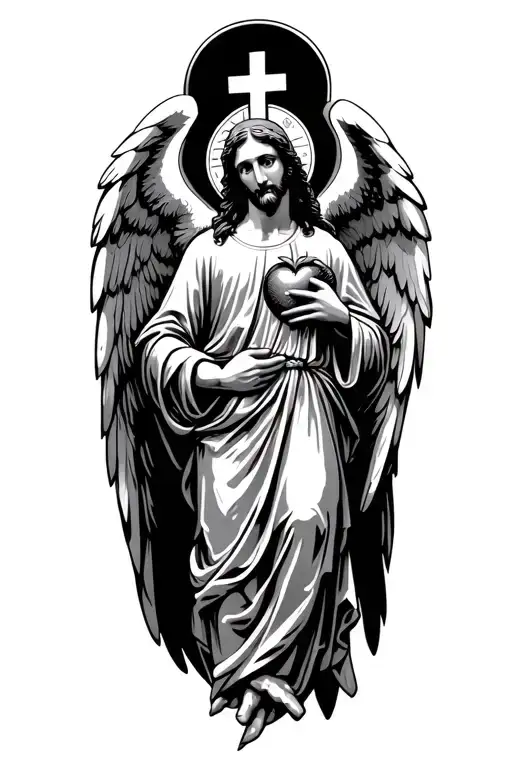 Catholic guardian angel with cross and sacred heart of hesus tattoo design idea