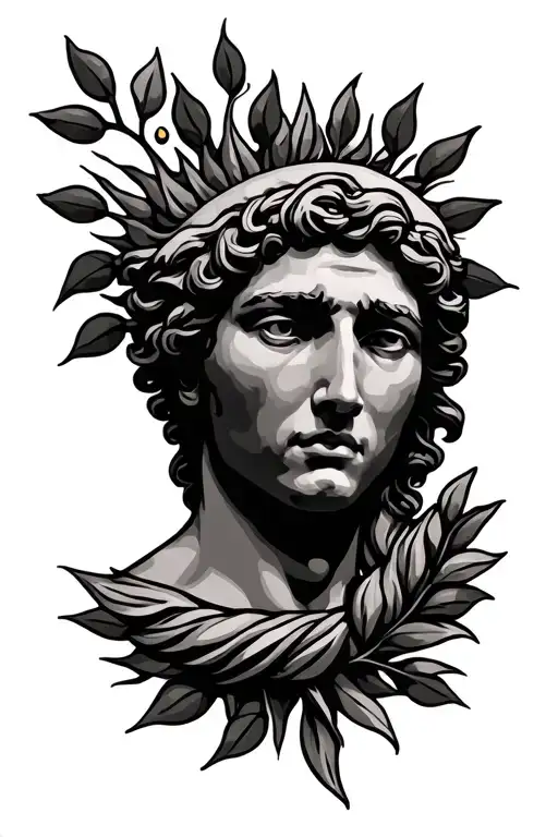 roman type faces, sun, olive branches crossed tattoo design idea