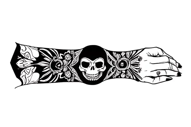 Diverse and symmetric doll and symmetric black lines diverse skull tattoo on the wrist tattoo design idea