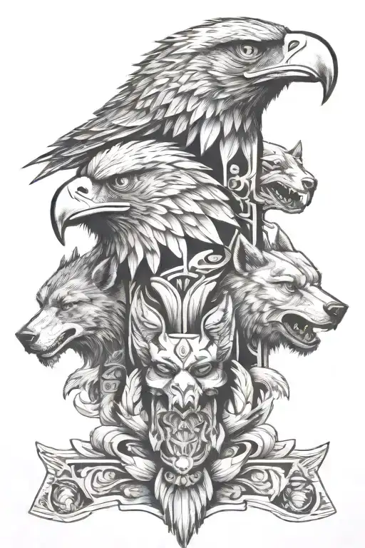 totem pole with eagle, wolf and bear head tattoo design idea