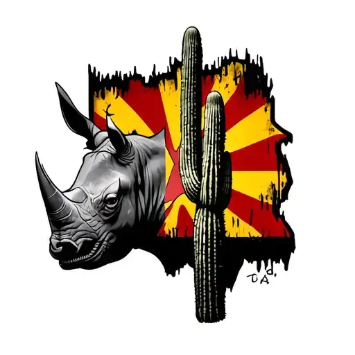 rhino graffiti head with arizona flag and saguaro cactus  tattoo design idea