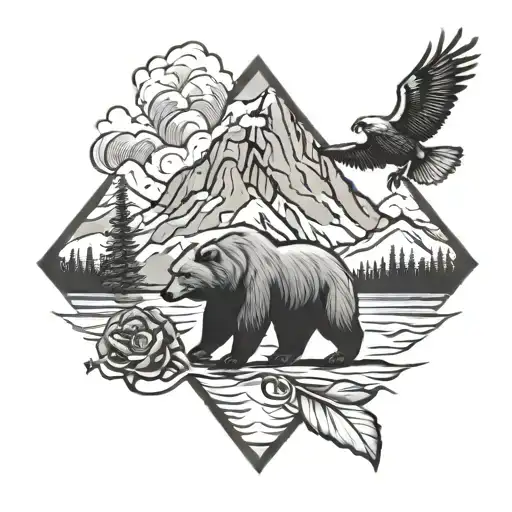 neo traditional tattoo symmetrical and based on bc Canada bears and mountains and eagles tattoo design idea