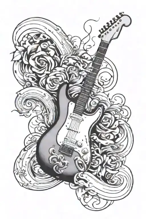 Create for me a black and white tattoo, an electric guitar start on the right bicep the wave continue through the should tattoo design idea