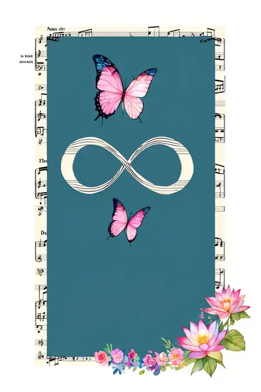 infinity sign made of sheet music from the song how to save a life by the fray. include butterflies, lotus flowers, drea tattoo design idea