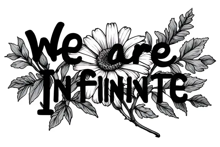 "We are Infinite" in a typewriter font. I want the text to be on the stem of a wallflower. Like the stem is a line.  tattoo design idea