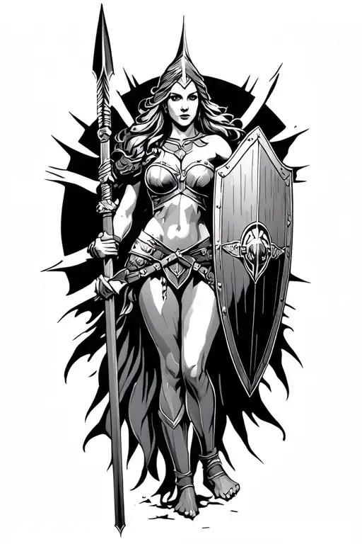 ares as a female spartan with spear and shield adorned tattoo design idea