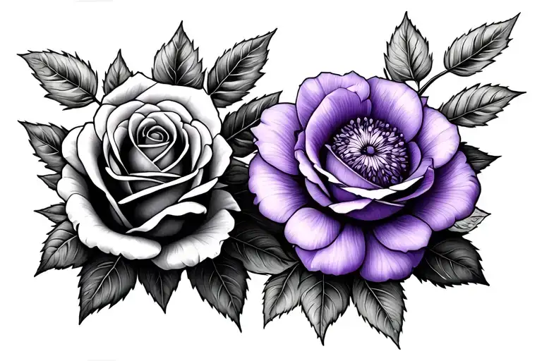 top down rose next to a top down violet flower, with some leaves connecting the two tattoo design idea