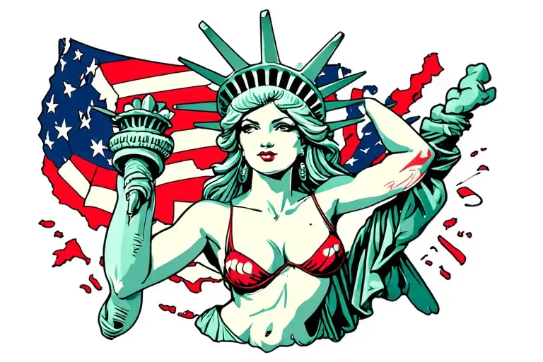 “Tattoo-style illustration of a sexy, rebellious Lady Liberty in a pin-up inspired pose. She shows a bit of skin but not tattoo design idea