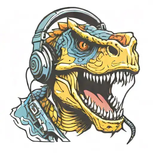 raptor dinosaur head mouth open showing teeth wearing headphones graffiti style tattoo design idea