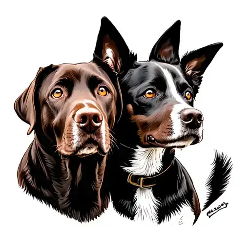 Chocolate Lab and Blue Heeler standing in front tattoo design idea