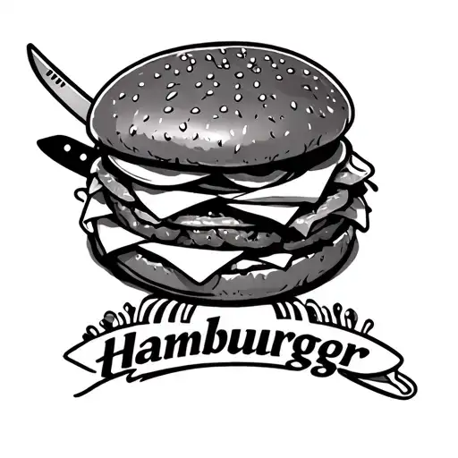 hamburger with knife going through it with the words "sharp hamburger" underneath tattoo design idea