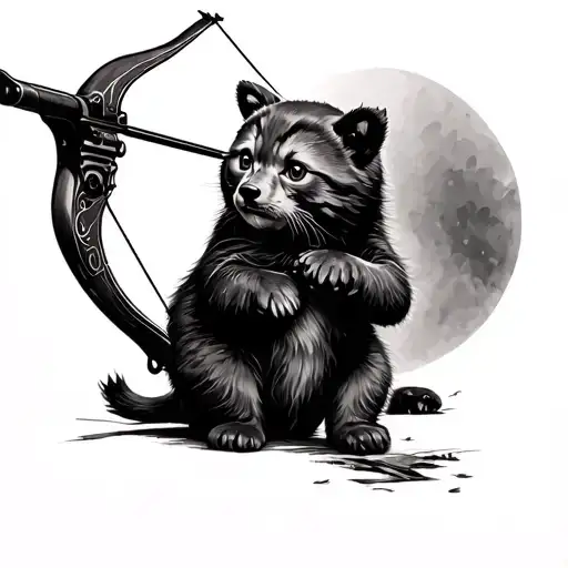 bear sitting on kitten while shooting bow tattoo design idea