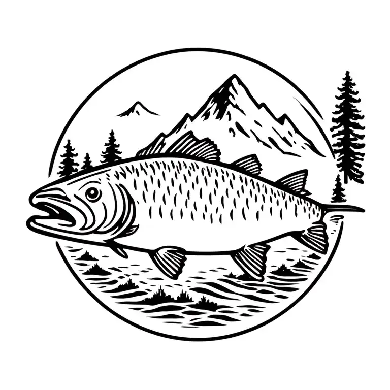 Nature mountain trout tattoo design idea