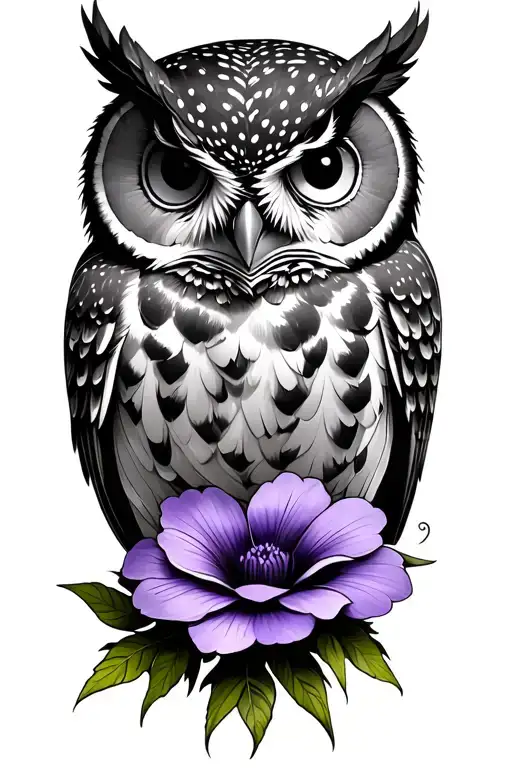 owl with violet flower tattoo design idea