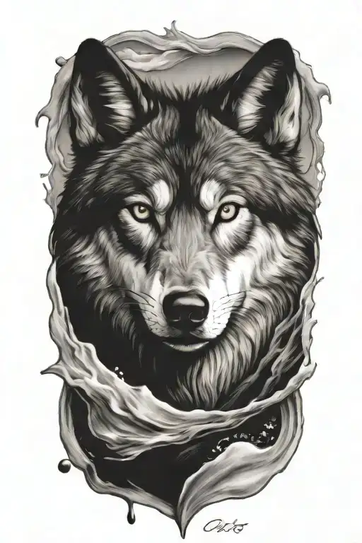 A wolf surrounded by waves, knifes and tears, also a date of birth in roman numbers "MCMLXXXI" tattoo design idea