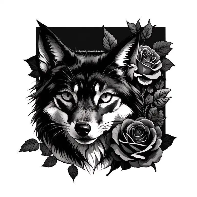 The cat turned into a wolf next to the rose tattoo design idea