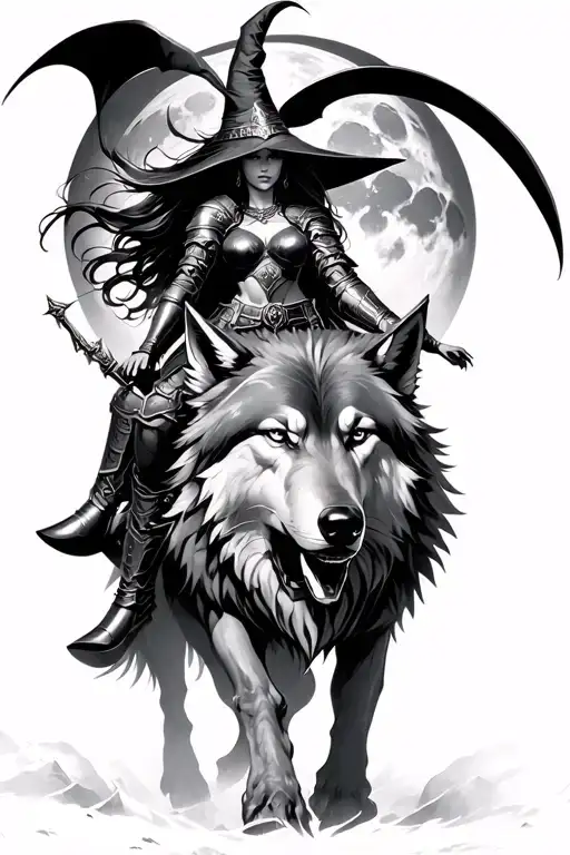 detailed fantasy moonlight a beautiful warrior witch, no hat, riding into battle on armored Wolf tattoo design idea