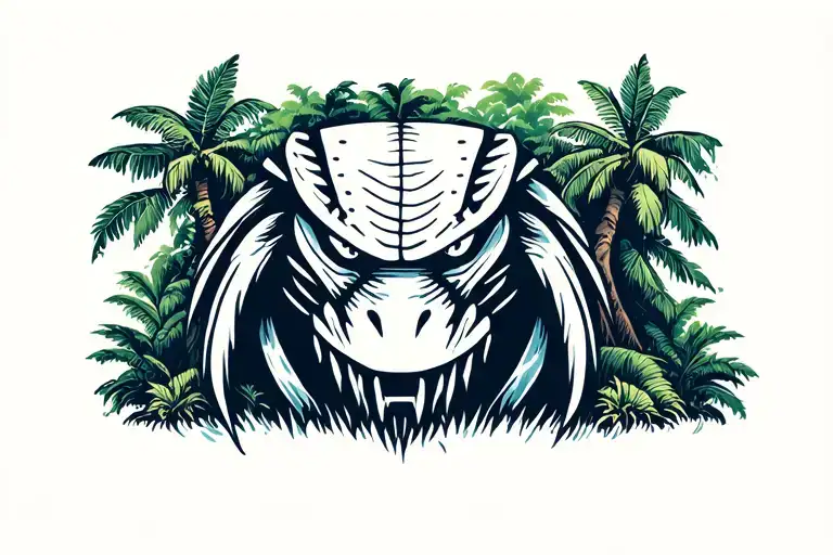 predator face peeking out of jungle forest with trees tattoo design idea