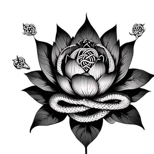 Lotus flower medusa two snakes wrapping out and a karma endless knot pattern on leaves tattoo design idea