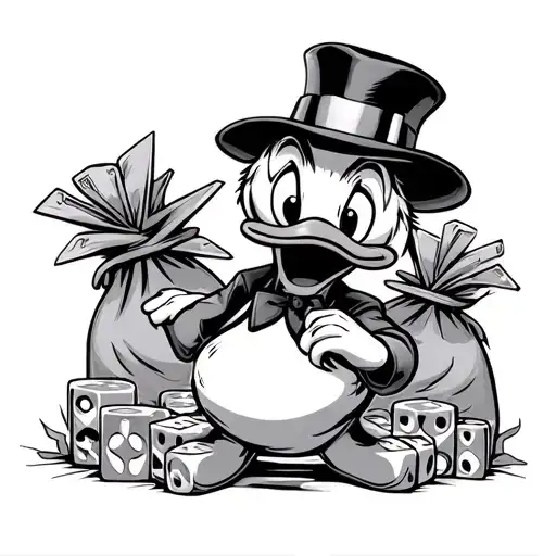 Cry now laugh later mask  and some dices and money rolls or bags and a gangsta Donald Duck in the middle with a classic  tattoo design idea