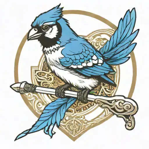 blue jay man in the style of a Roman warrior. Broad sword. Round shield that has the Toronto Blue Jays logo pressed in tattoo design idea