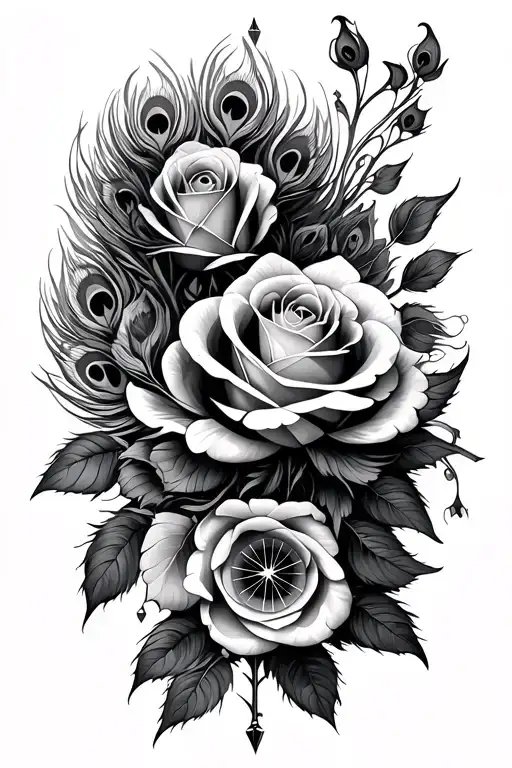 peacock roses compass tattoo design idea