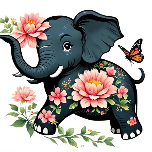 baby elephant holding flower in trunk with a butterfly sitting on flower  tattoo design idea
