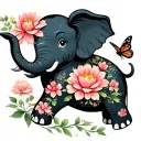 baby elephant holding flower in trunk with a butterfly sitting on flower  tattoo design idea