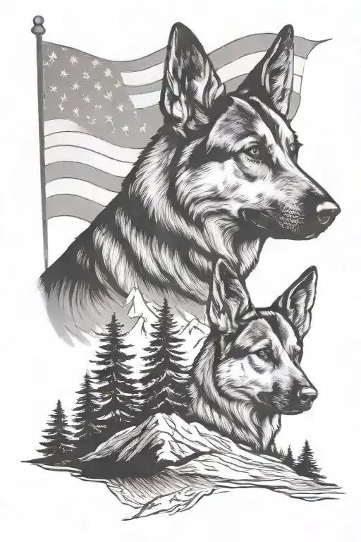 German shepherd American flag mountain scene saying "diabetes" tattoo design idea