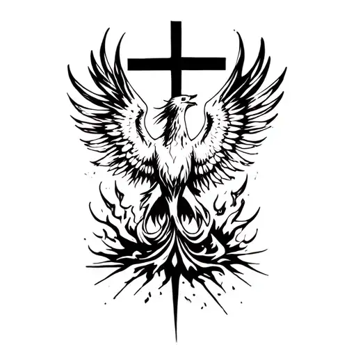 Phoenix rising from the ashes beneath a cross tattoo design idea
