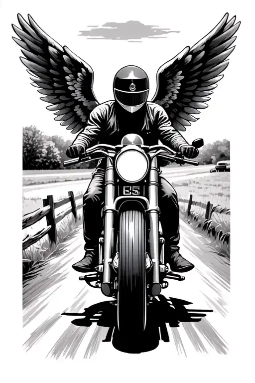 motorcycle rider with angel wings driving away on country road, speed limit sig. 65, farm fences and acreage on both sid tattoo design idea
